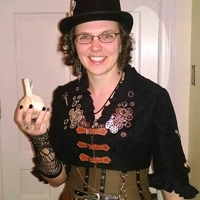 Picture of Mary dressed up as a steampunk vampire hunter